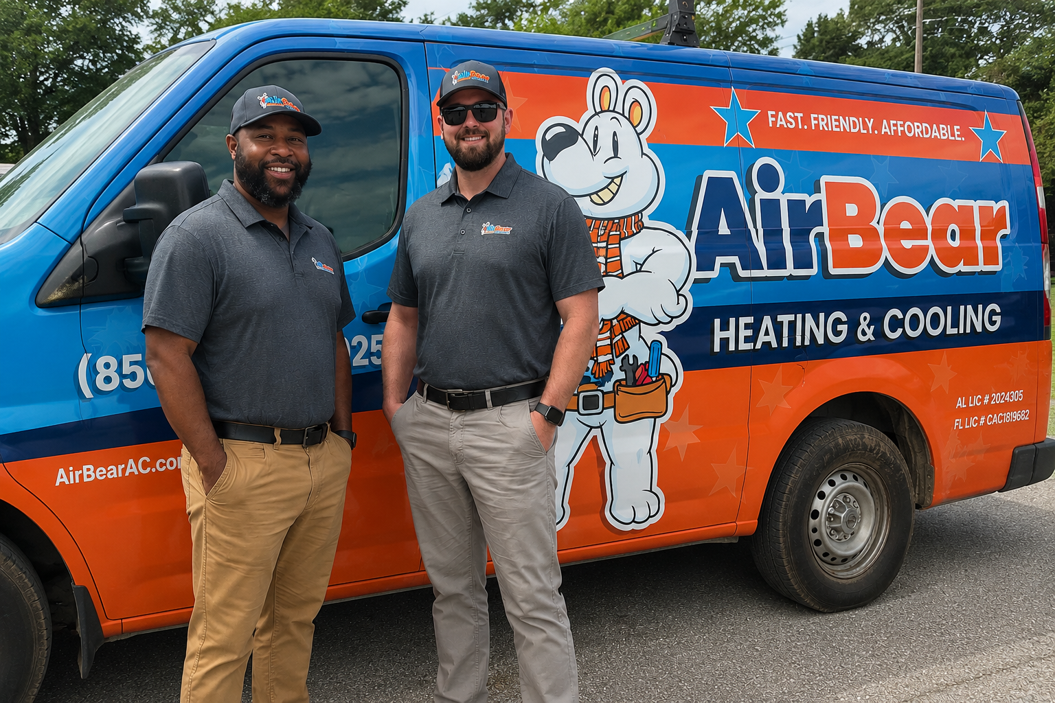 AirBear HVAC company technicians beside their service van in Navarre, FL